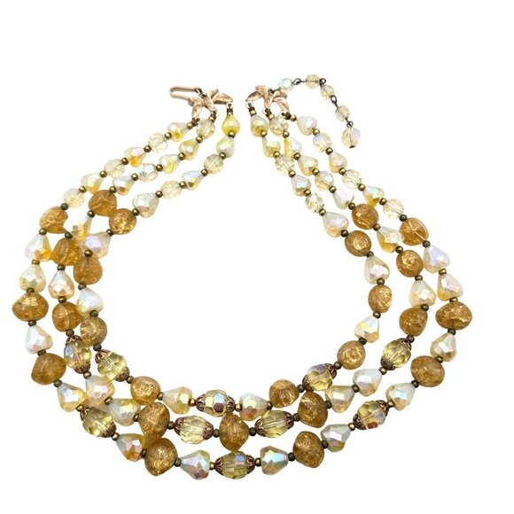 Trifari Womens Necklace Glass Bead Yellow Auroa Borealis Gold Tone Vintage
